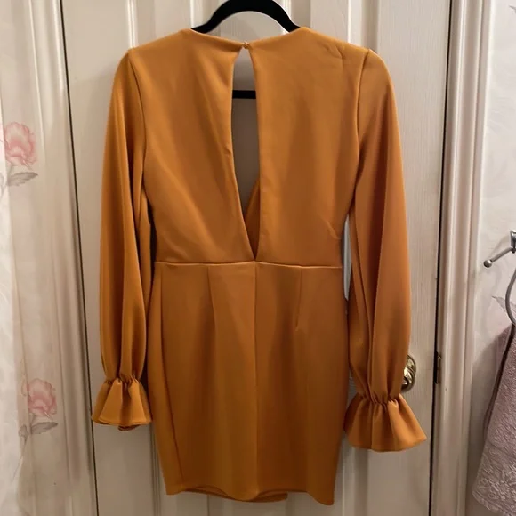 ASOS Design Petite Wrap Plunge Mini Dress with Flute Sleeve in Mustard - Picture 7 of 9